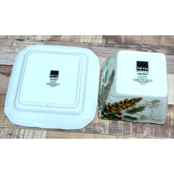 222 Fifth Winter Harmony Square Plate & Bowl Set Christmas Design Porcelain - Picture 4 of 4